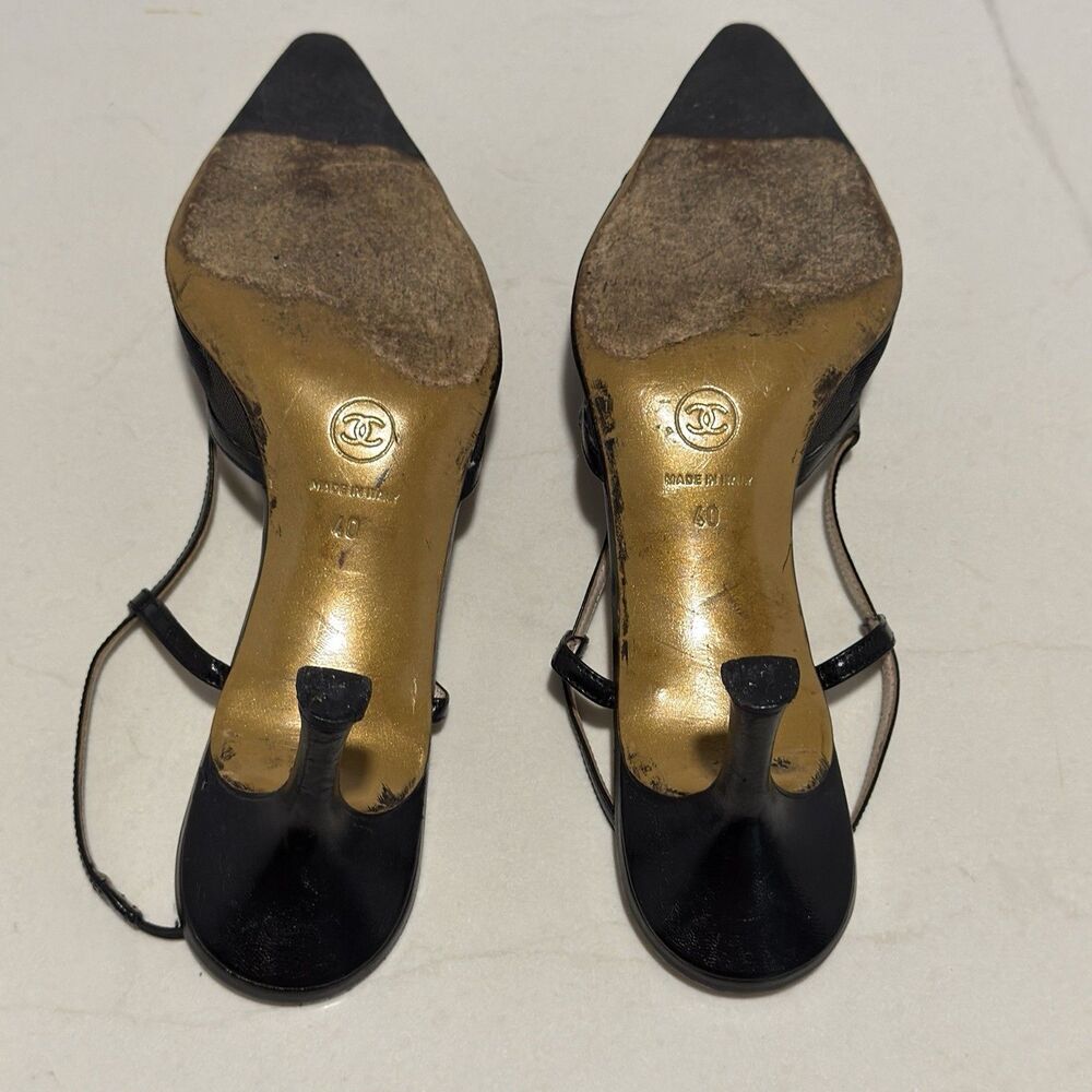 CHANEL BLACK MESH CC BOW SLINGBACK HEELS (IT 40) - Picture 16 of 16